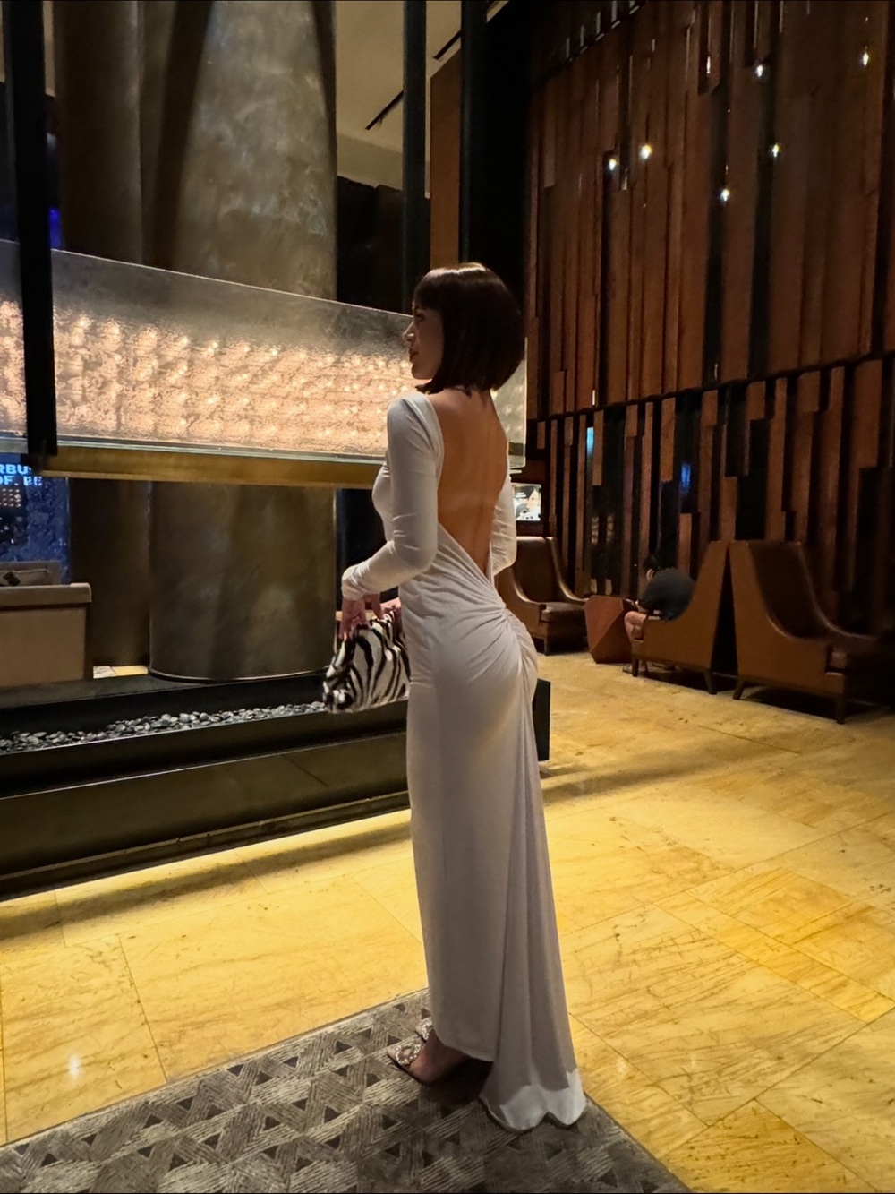 White Long-Sleeve Backless Draped Evening Gown